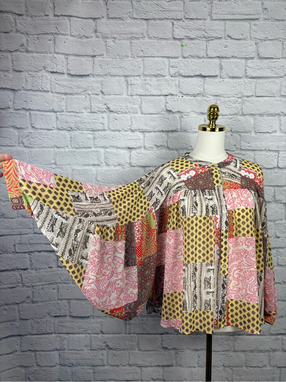 NWT EE:Some Womenโs Boho Patchwork Button Front Bell Sleeve Peasant Blouse Size